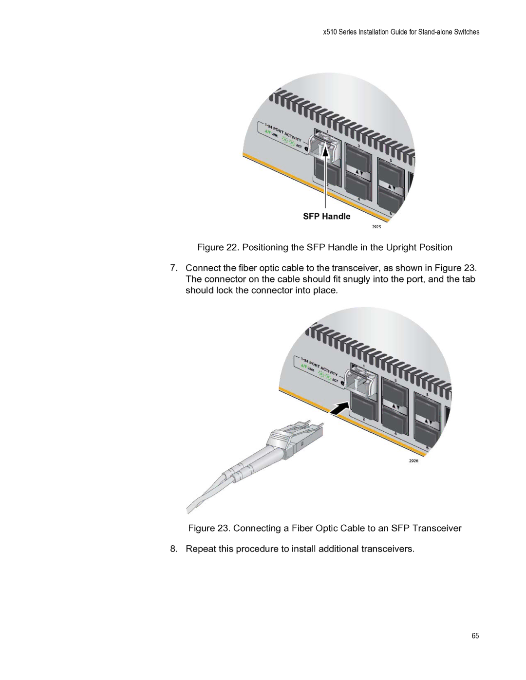 Allied Telesis AT-X510-52GTX, AT-X510-28GTX, AT-X510-52GPX, AT-X510-28GSX, AT-X510-28GPX manual SFP Handle 