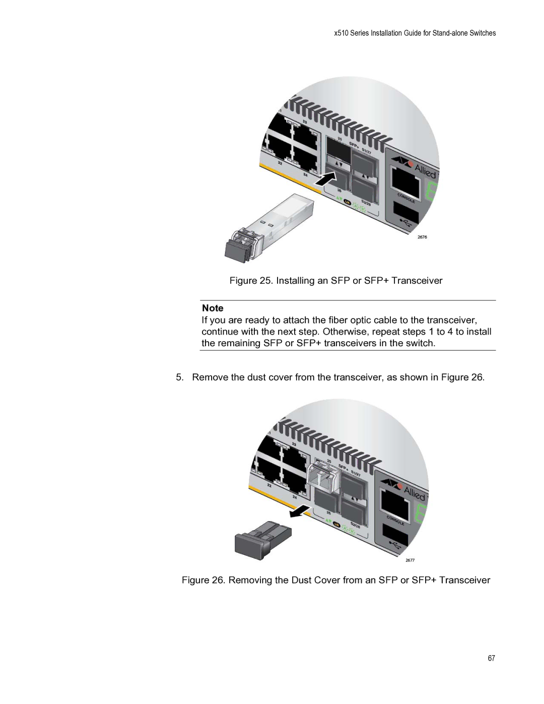 Allied Telesis AT-X510-52GPX, AT-X510-52GTX, AT-X510-28GTX manual Removing the Dust Cover from an SFP or SFP+ Transceiver 