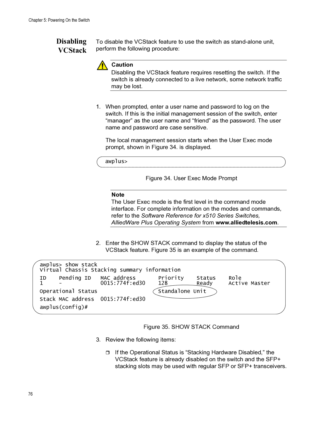 Allied Telesis AT-X510-28GTX, AT-X510-52GTX, AT-X510-52GPX, AT-X510-28GSX, AT-X510-28GPX manual Disabling VCStack 