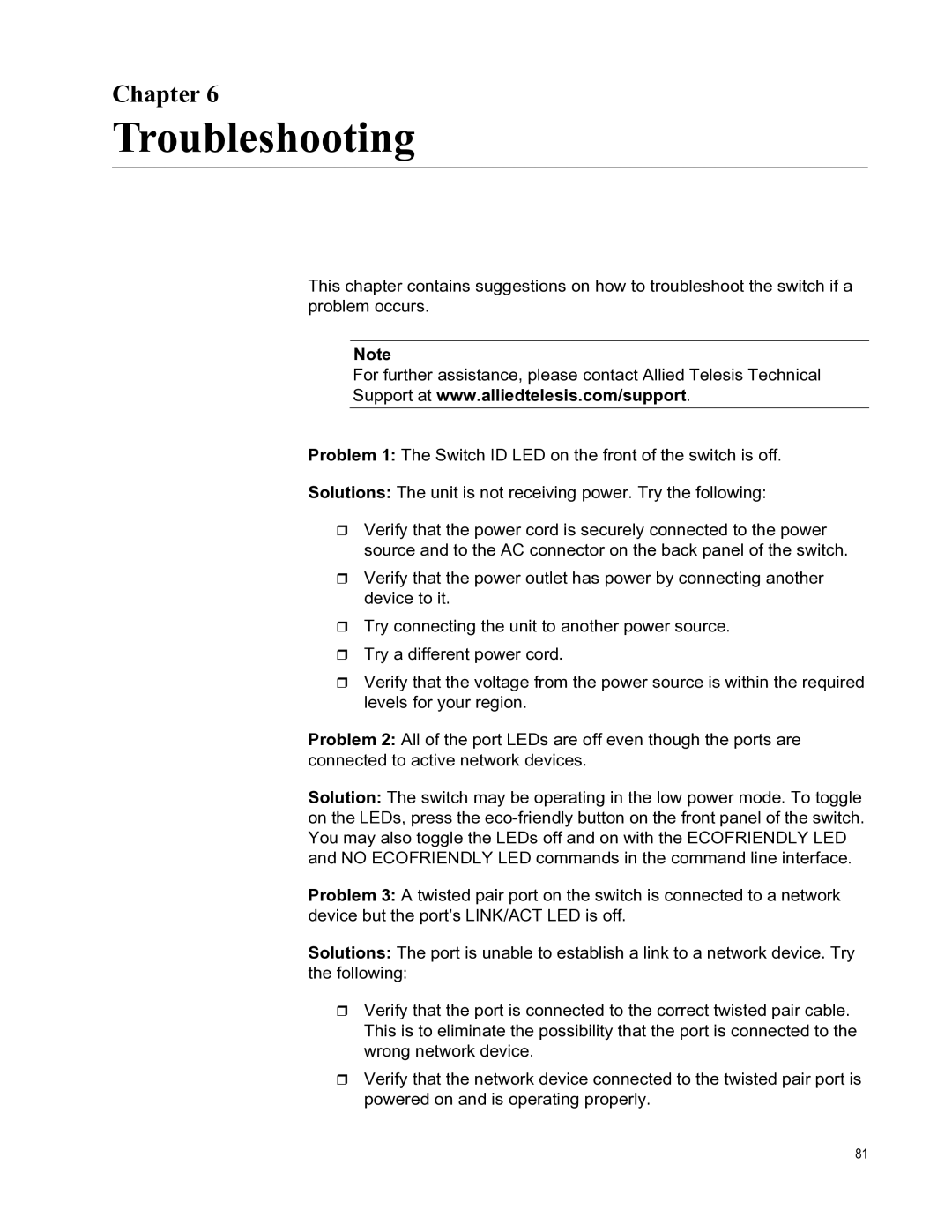 Allied Telesis AT-X510-28GTX, AT-X510-52GTX, AT-X510-52GPX, AT-X510-28GSX, AT-X510-28GPX manual Troubleshooting, Chapter 