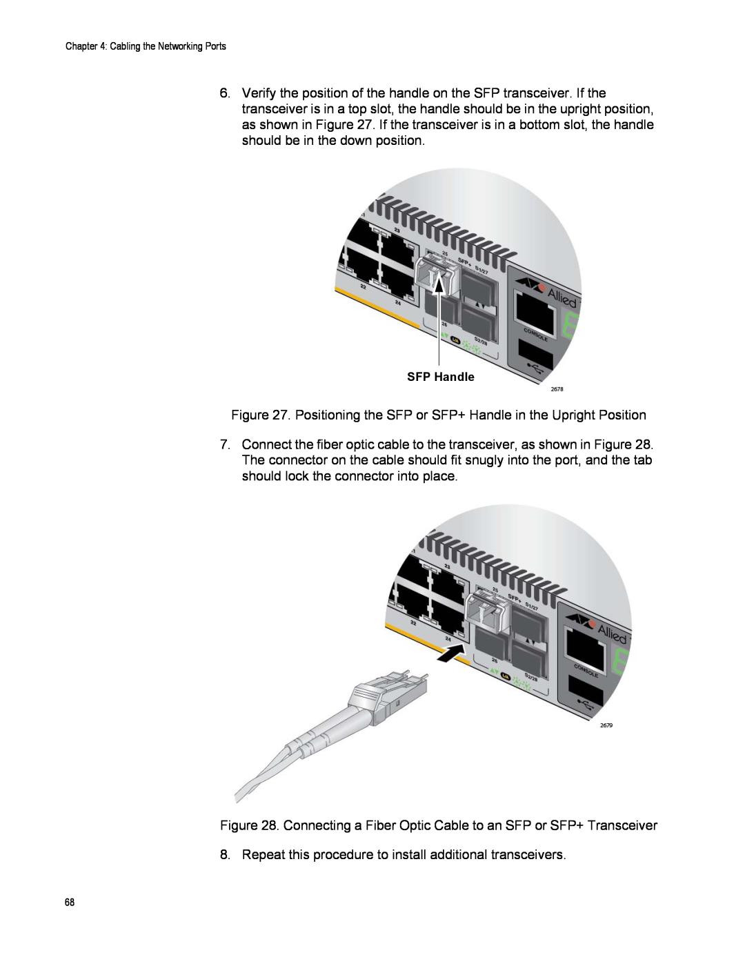 Allied Telesis AT-X510-28GSX, AT-X510-52GTX, AT-X510-28GTX manual Positioning the SFP or SFP+ Handle in the Upright Position 