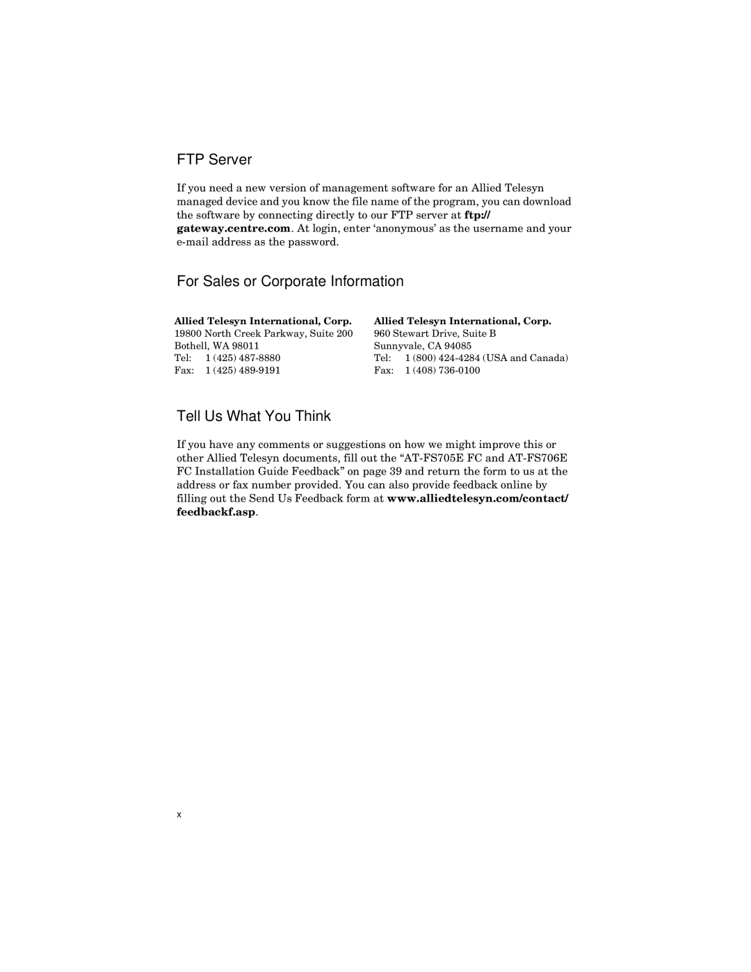 Allied Telesis ATFS705EFCSC60 manual FTP Server, For Sales or Corporate Information, Tell Us What You Think 