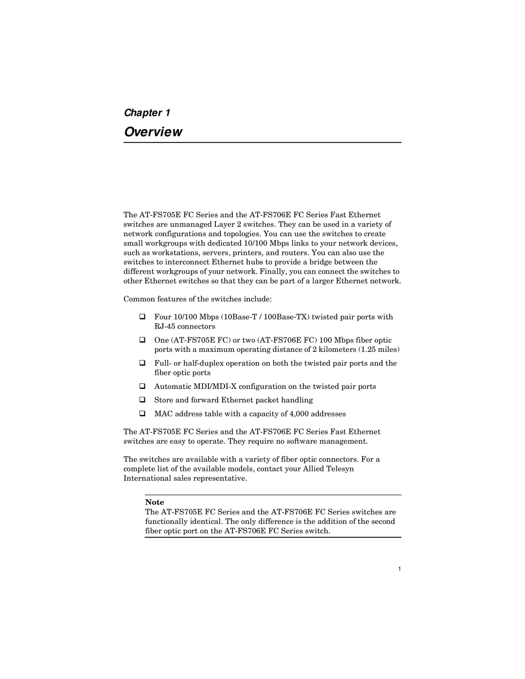 Allied Telesis ATFS705EFCSC60 manual Overview 