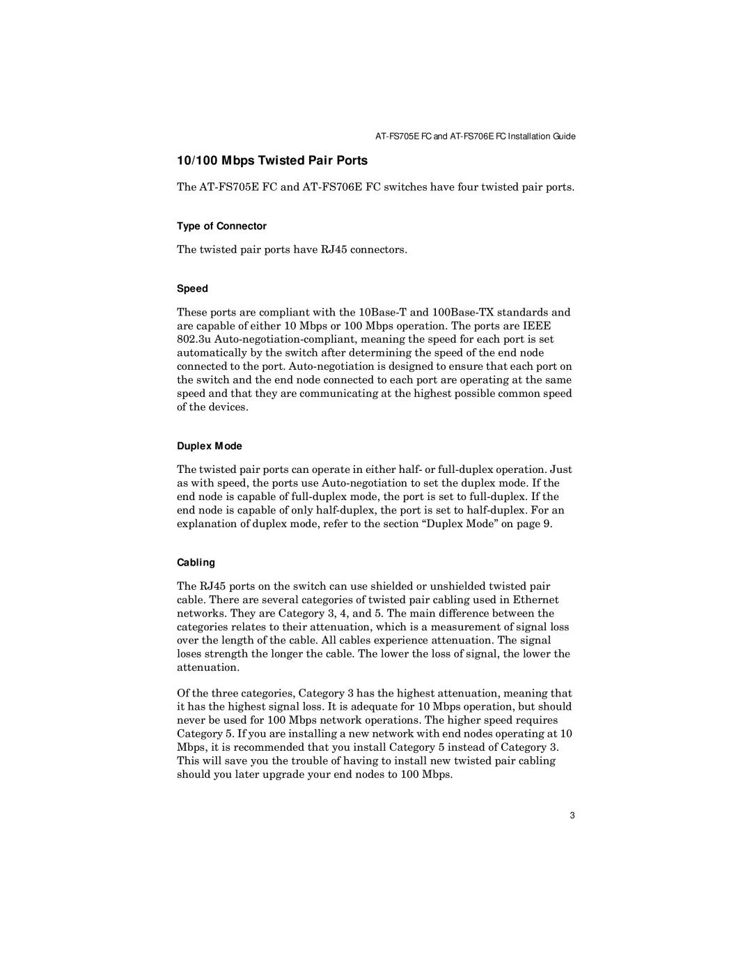 Allied Telesis ATFS705EFCSC60 manual 10/100 Mbps Twisted Pair Ports, Type of Connector, Speed, Duplex Mode, Cabling 