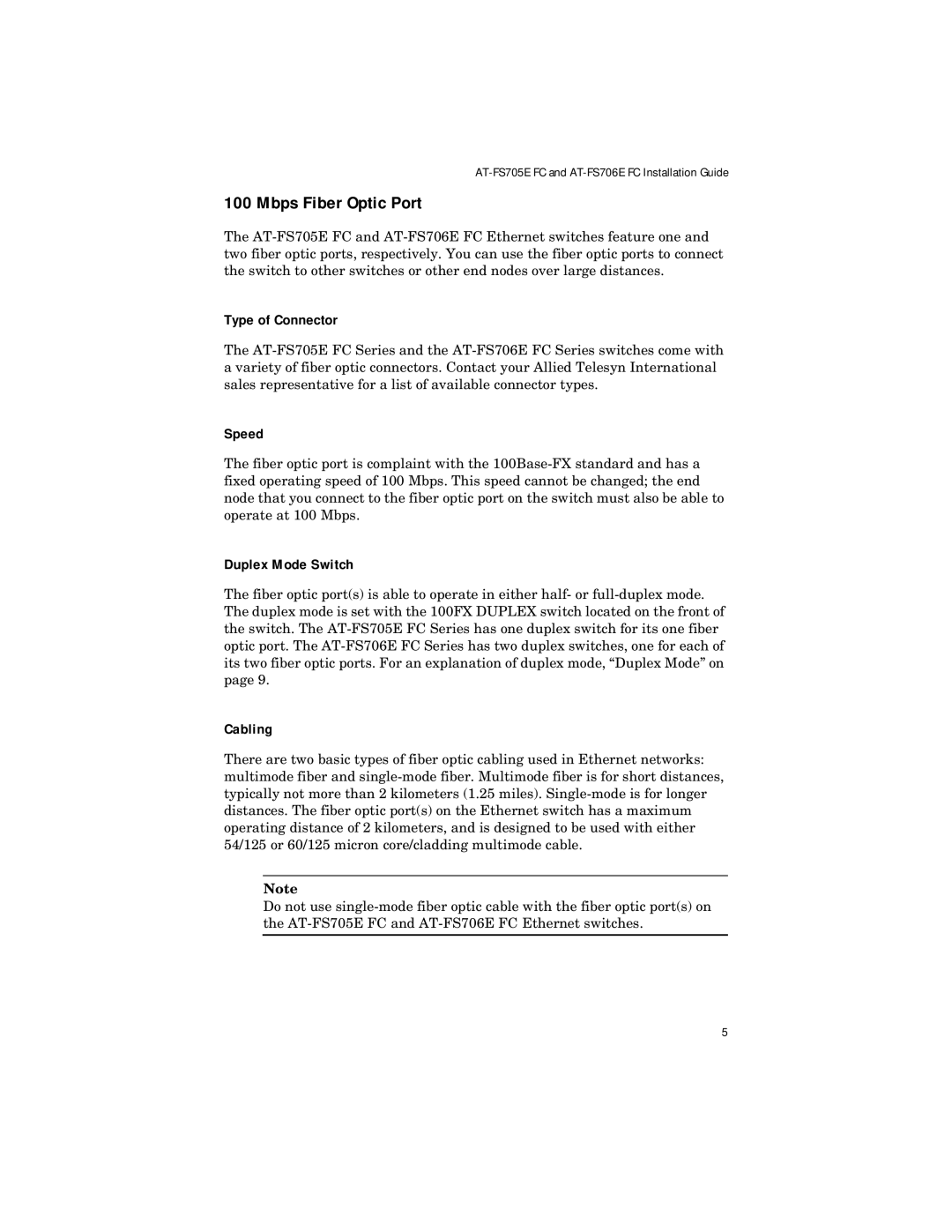 Allied Telesis ATFS705EFCSC60 manual Mbps Fiber Optic Port, Duplex Mode Switch 