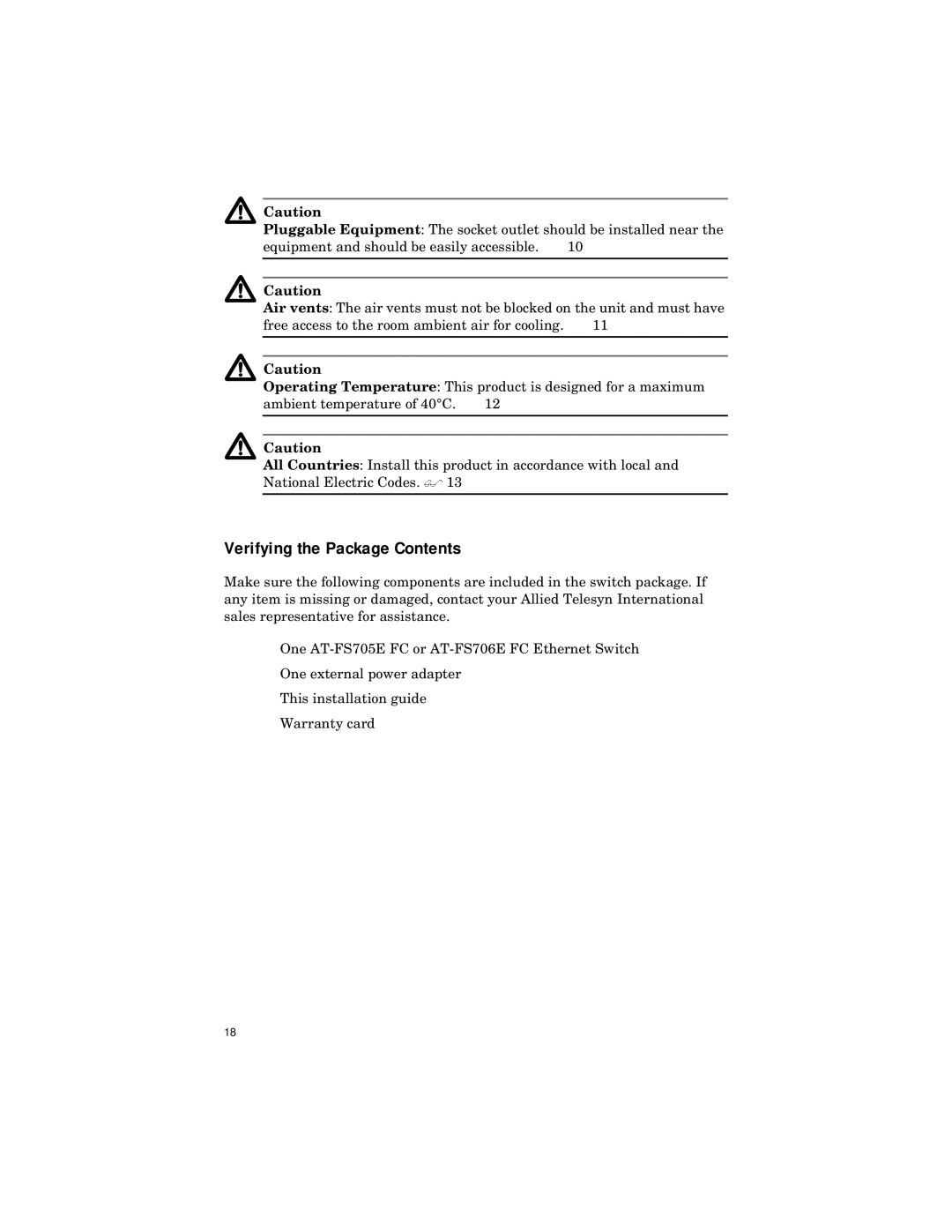 Allied Telesis ATFS705EFCSC60 manual Verifying the Package Contents 