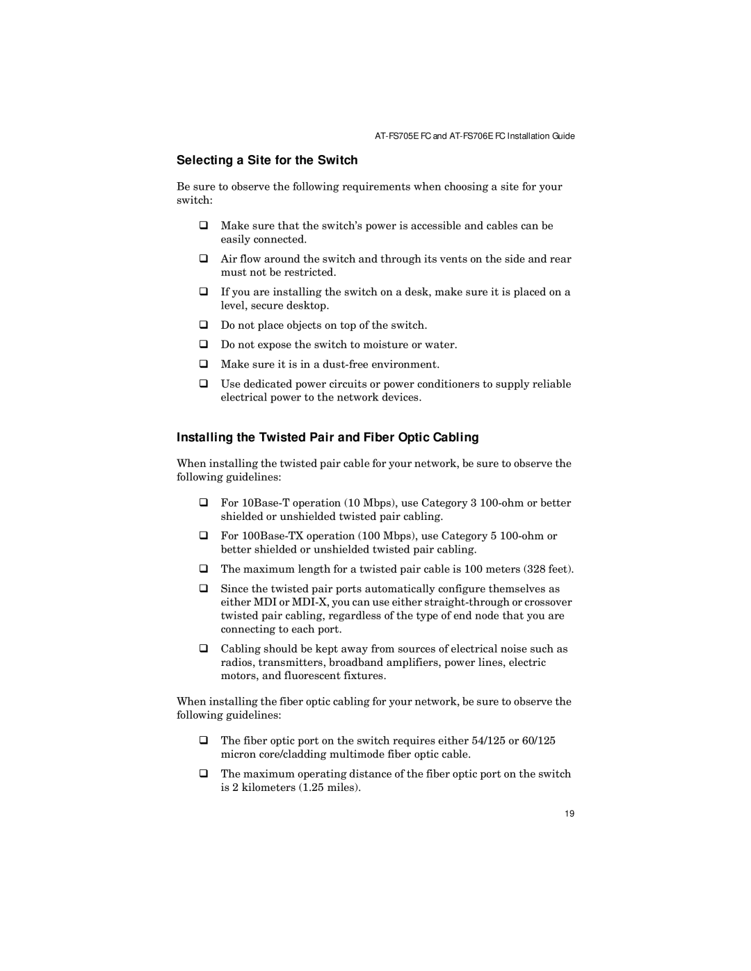 Allied Telesis ATFS705EFCSC60 manual Selecting a Site for the Switch, Installing the Twisted Pair and Fiber Optic Cabling 
