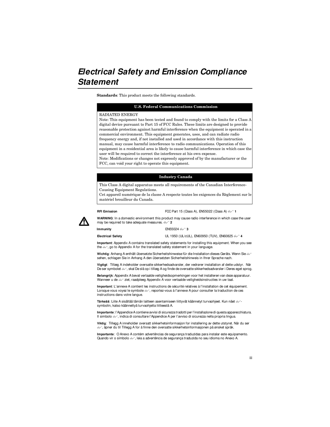 Allied Telesis ATFS705EFCSC60 manual Electrical Safety and Emission Compliance Statement, Industry Canada 