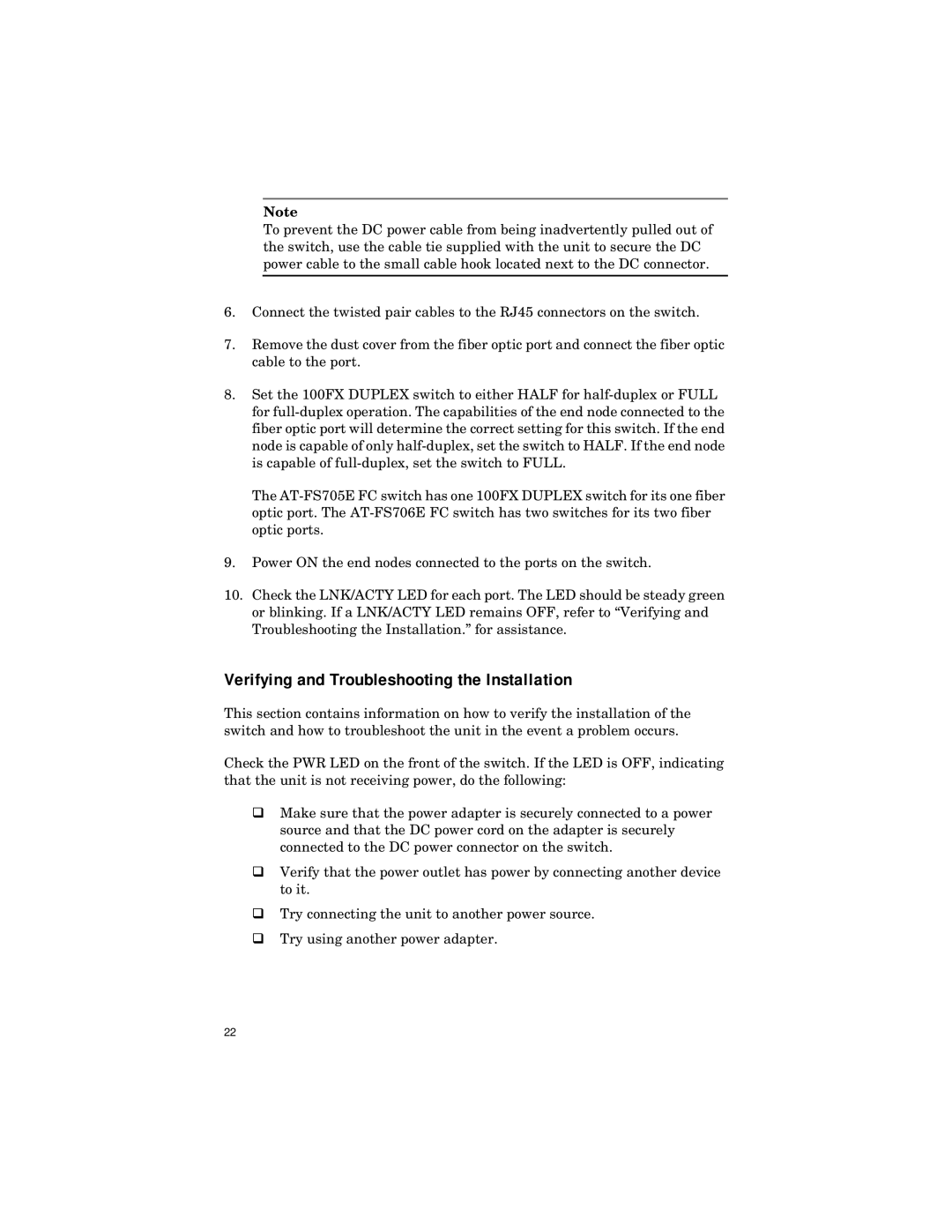 Allied Telesis ATFS705EFCSC60 manual Verifying and Troubleshooting the Installation 