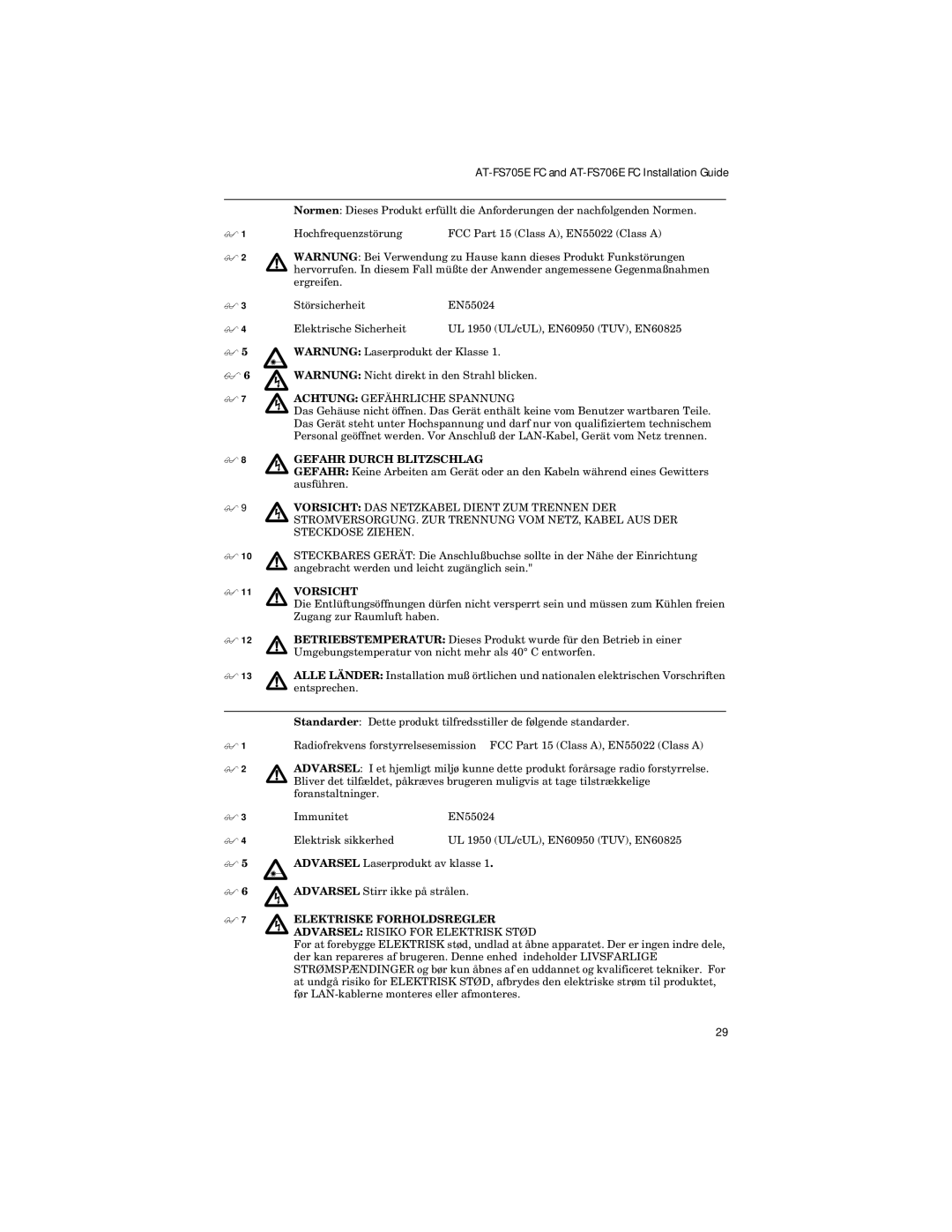 Allied Telesis ATFS705EFCSC60 manual Gefahr Durch Blitzschlag, Vorsicht 