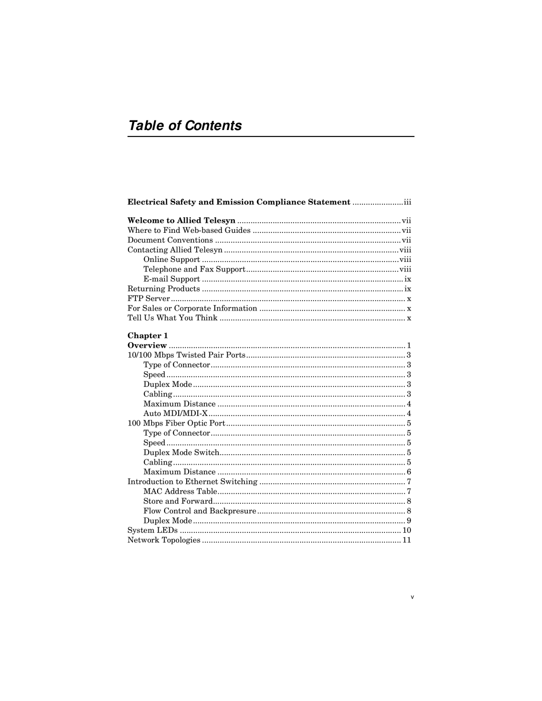 Allied Telesis ATFS705EFCSC60 manual Table of Contents 