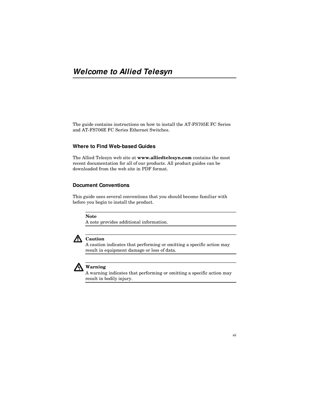 Allied Telesis ATFS705EFCSC60 manual Welcome to Allied Telesyn, Where to Find Web-based Guides Document Conventions 