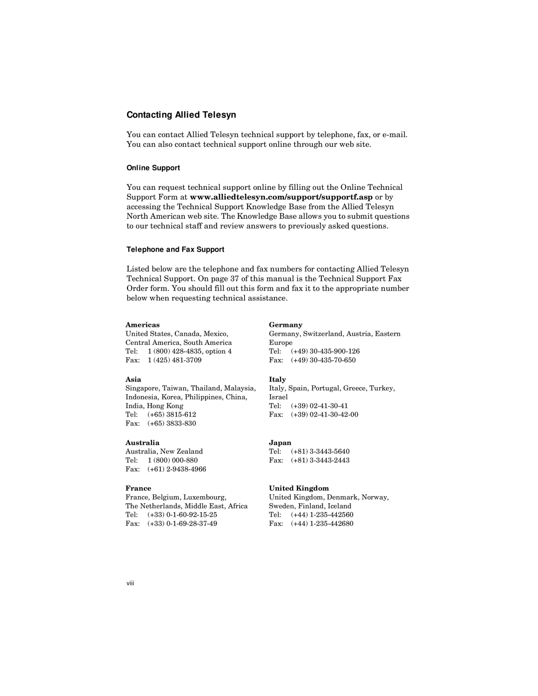 Allied Telesis ATFS705EFCSC60 manual Contacting Allied Telesyn, Online Support Telephone and Fax Support 