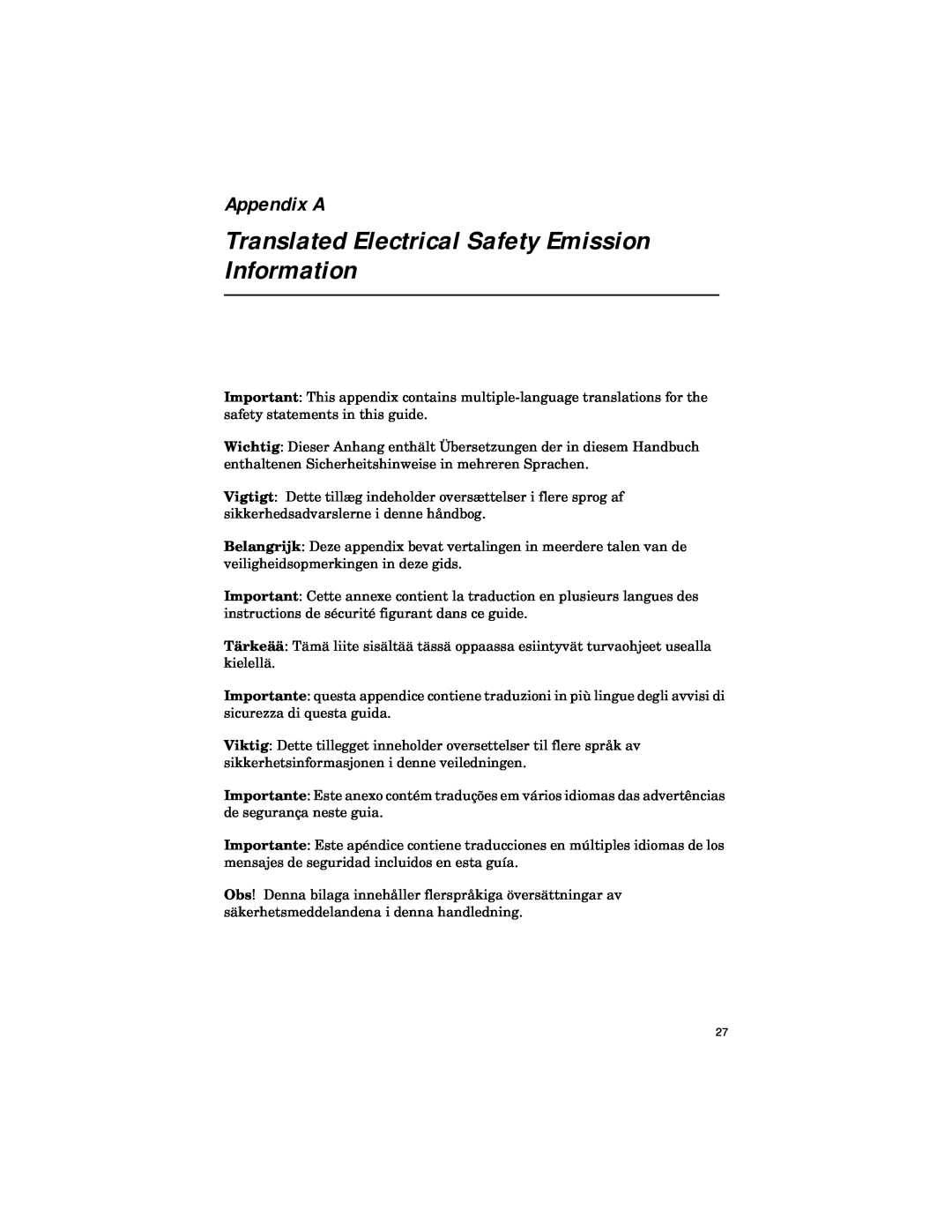 Allied Telesis ATFS705EFCSC60 manual Translated Electrical Safety Emission Information, Appendix A 