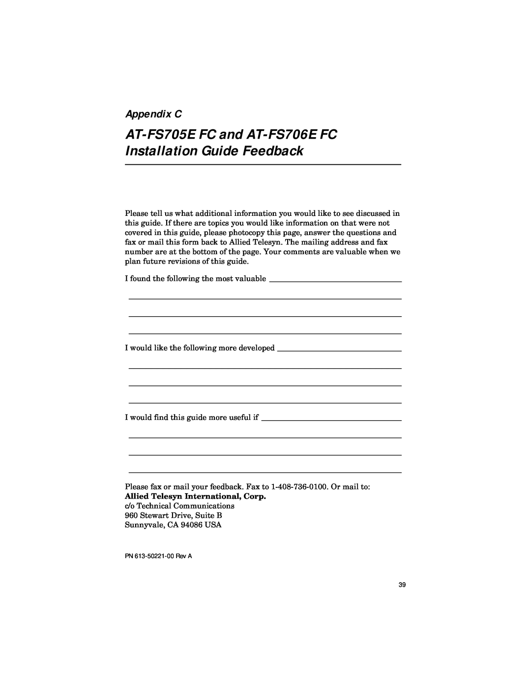 Allied Telesis ATFS705EFCSC60 manual Appendix C, AT-FS705E FC and AT-FS706E FC Installation Guide Feedback 