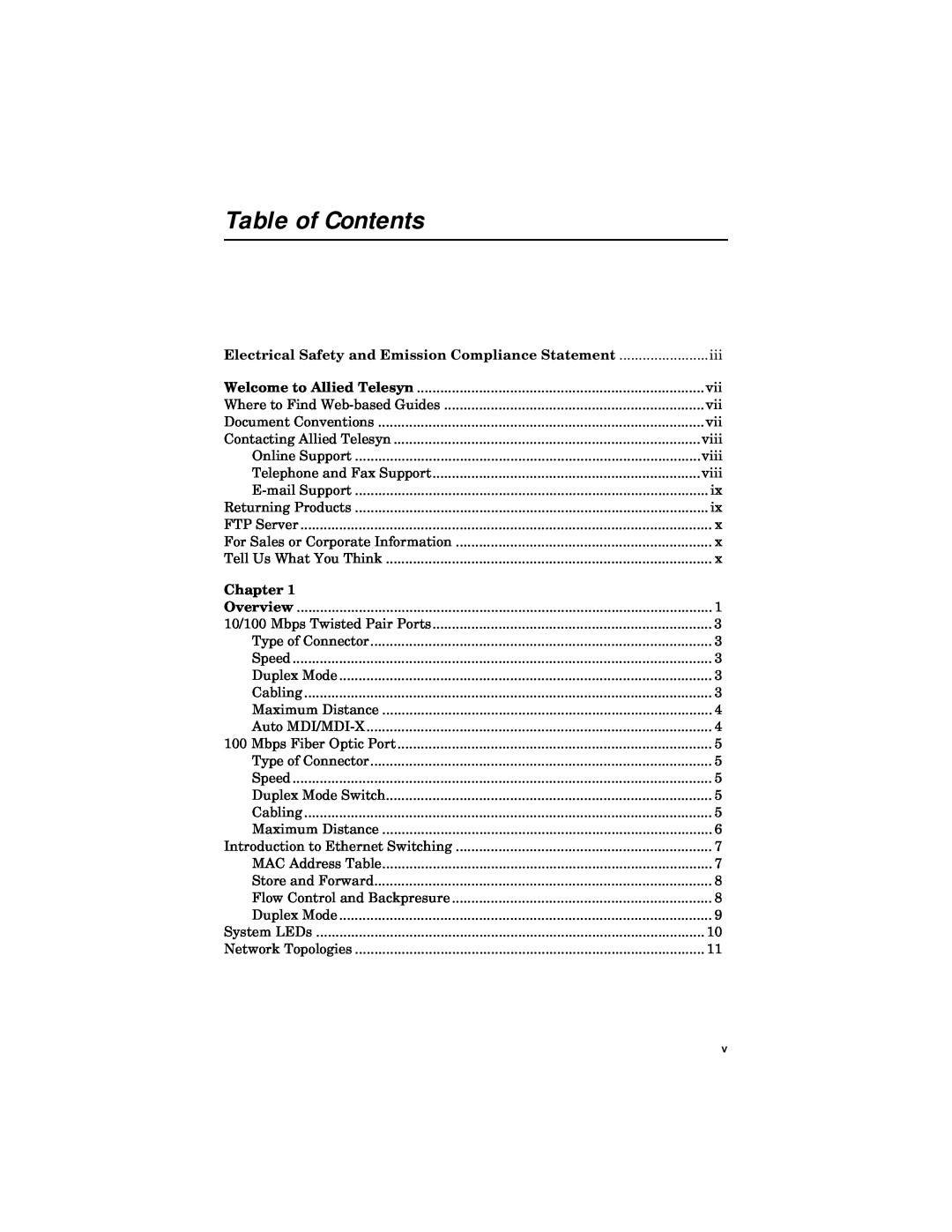 Allied Telesis ATFS705EFCSC60 manual Table of Contents, Electrical Safety and Emission Compliance Statement, Chapter 