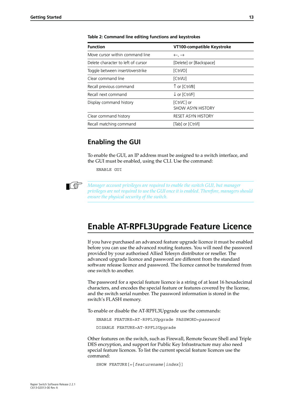Allied Telesis C613-02013-00 manual Enable AT-RPFL3Upgrade Feature Licence, Enabling the GUI 