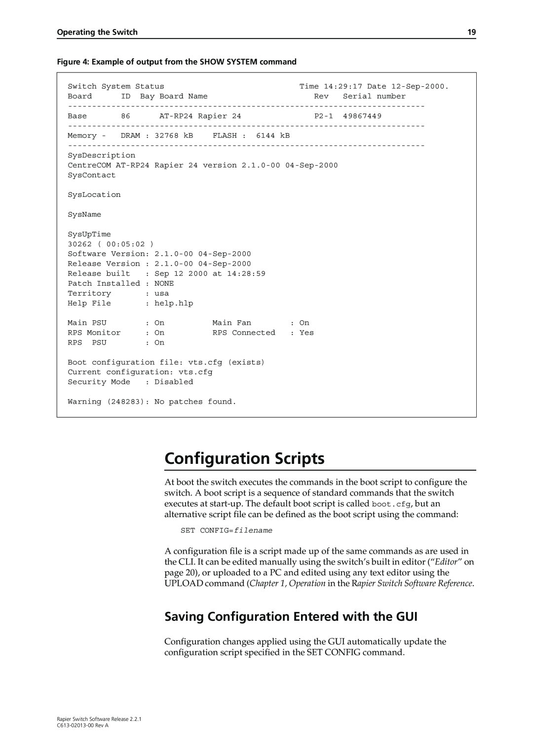Allied Telesis C613-02013-00 manual Configuration Scripts, Saving Configuration Entered with the GUI 