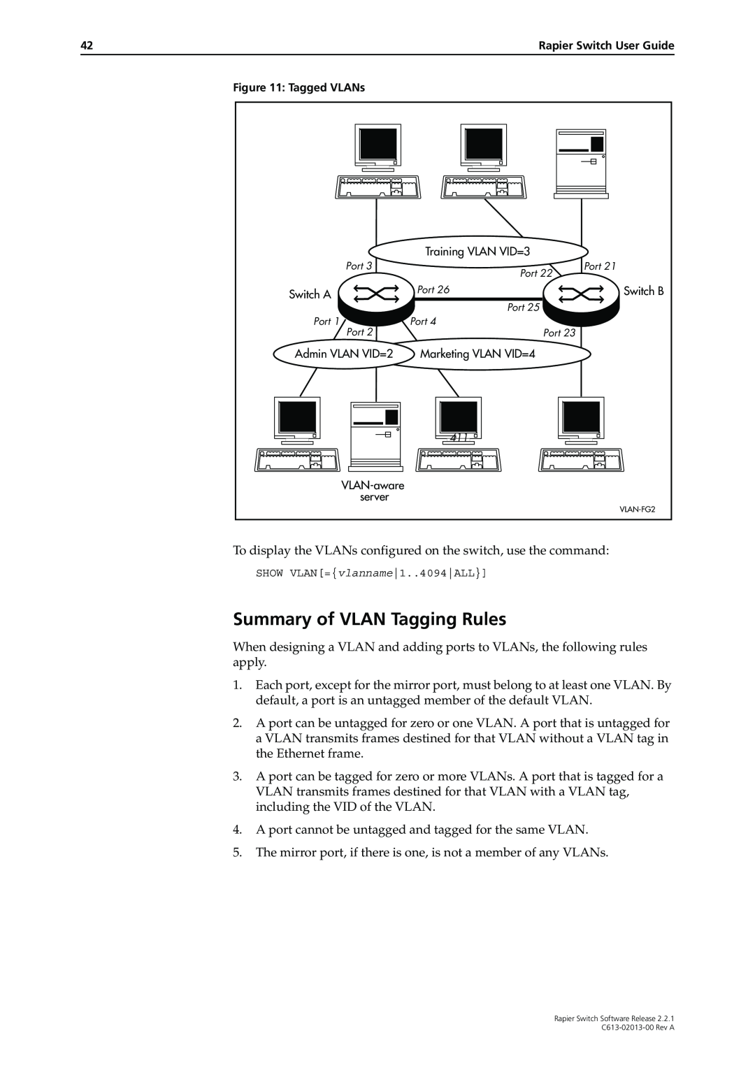 Allied Telesis C613-02013-00 manual Summary of VLAN Tagging Rules, Tagged VLANs 