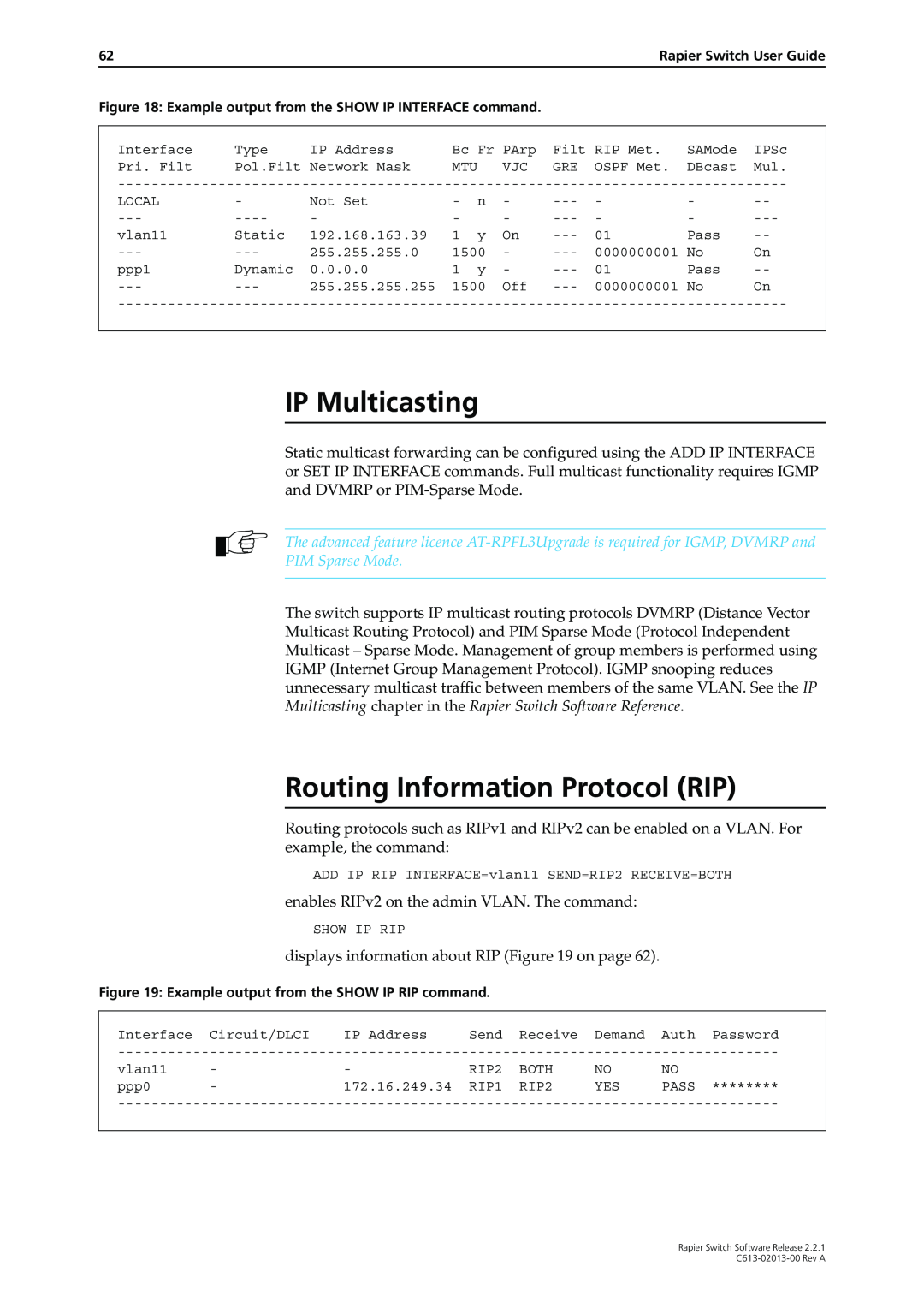 Allied Telesis C613-02013-00 manual IP Multicasting, Routing Information Protocol RIP, PIM Sparse Mode 