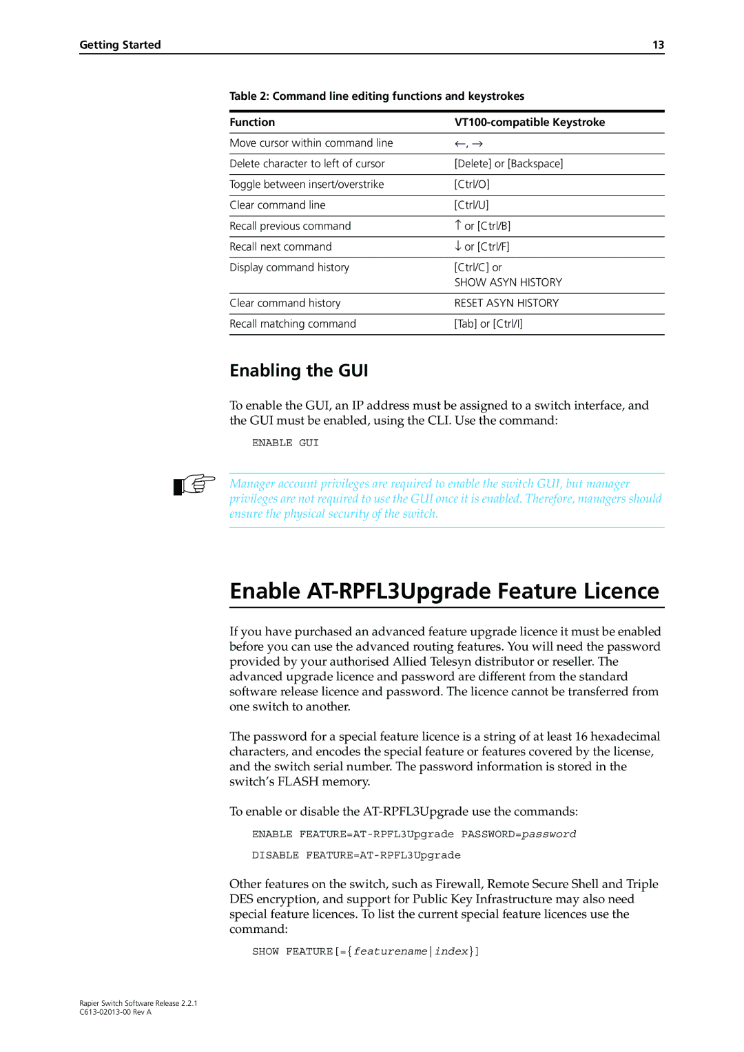 Allied Telesis C613-02013-00 manual Enable AT-RPFL3Upgrade Feature Licence, Enabling the GUI, Enable GUI 