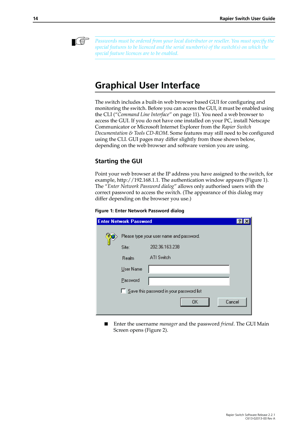 Allied Telesis C613-02013-00 manual Graphical User Interface, Starting the GUI 