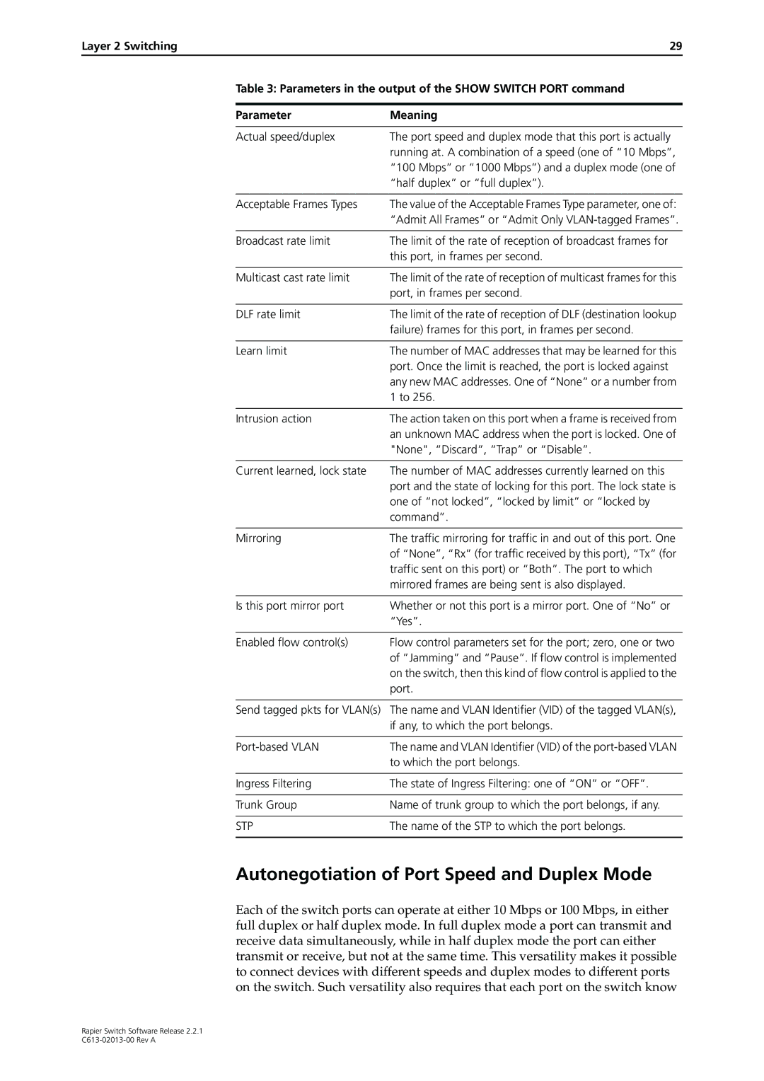 Allied Telesis C613-02013-00 manual Autonegotiation of Port Speed and Duplex Mode, Acceptable Frames Types 