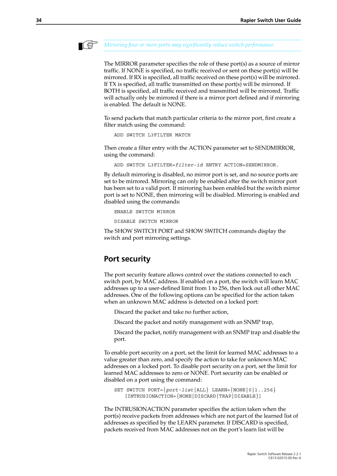 Allied Telesis C613-02013-00 manual Port security, ADD Switch L3FILTER Match, Enable Switch Mirror Disable Switch Mirror 