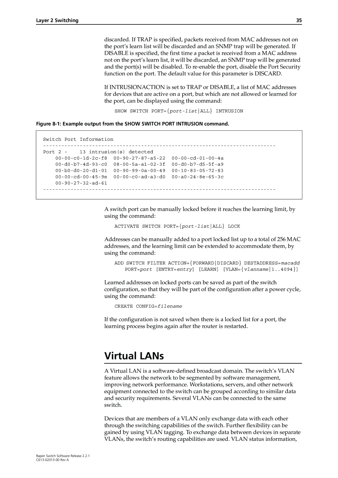 Allied Telesis C613-02013-00 manual Virtual LANs, Example output from the Show Switch Port Intrusion command 