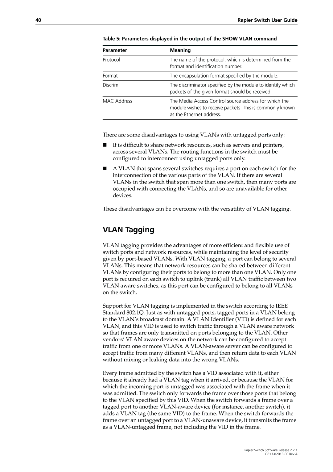 Allied Telesis C613-02013-00 manual Vlan Tagging, Parameter Meaning 