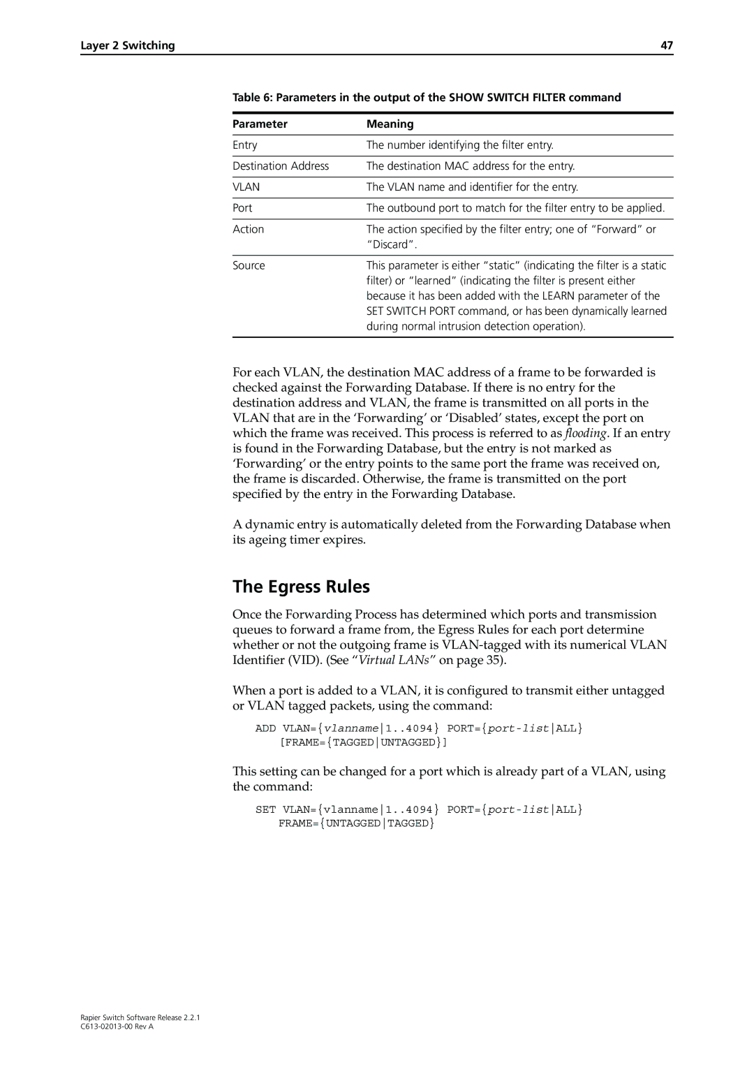 Allied Telesis C613-02013-00 manual Egress Rules, Frame=Untaggedtagged 