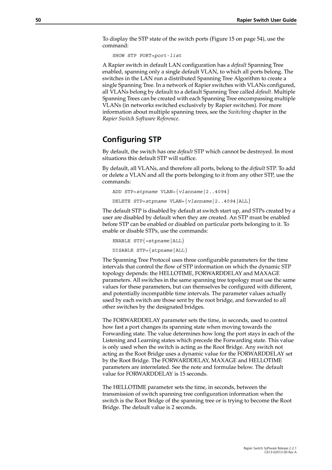 Allied Telesis C613-02013-00 manual Configuring STP 