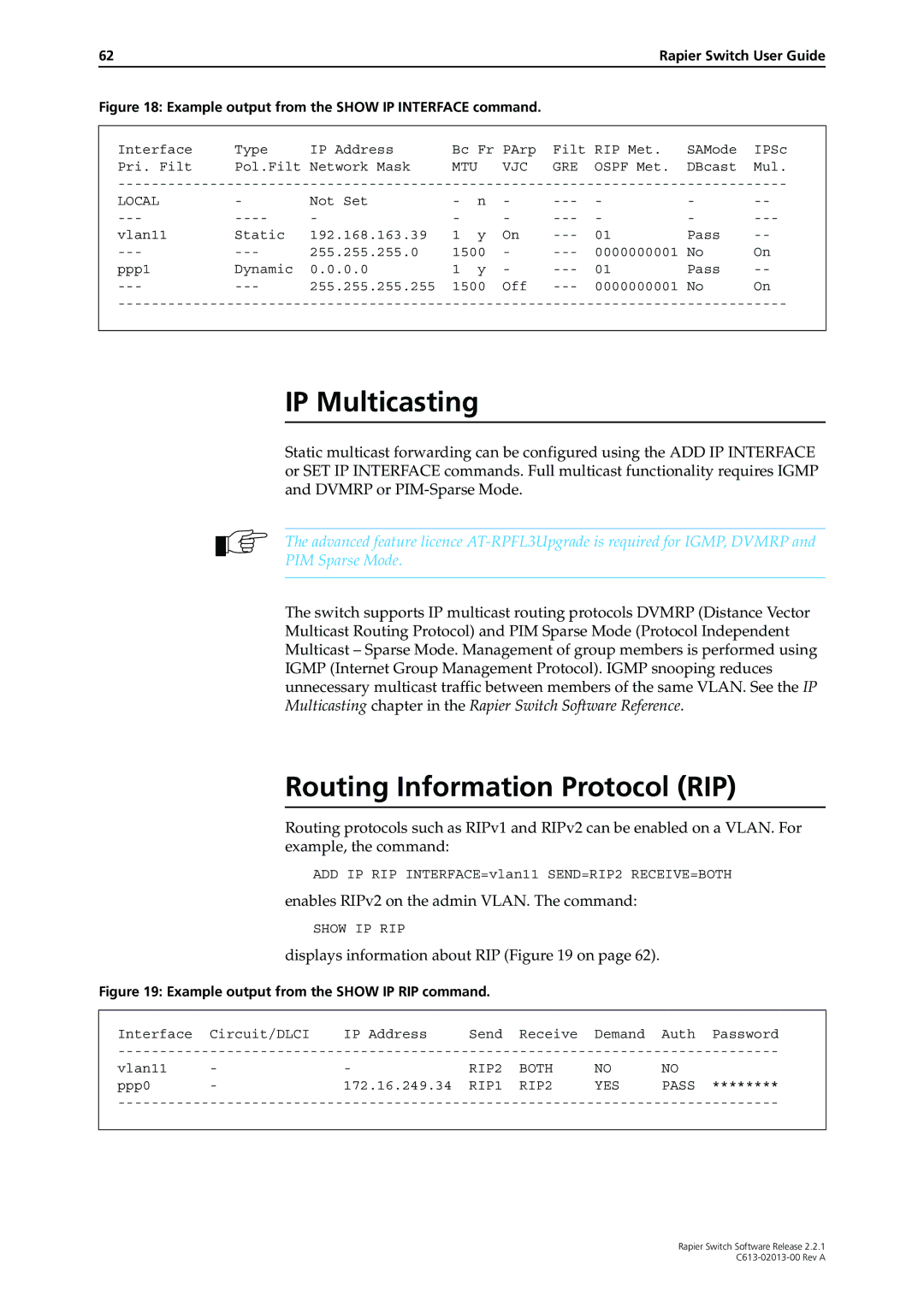 Allied Telesis C613-02013-00 manual IP Multicasting, Routing Information Protocol RIP 