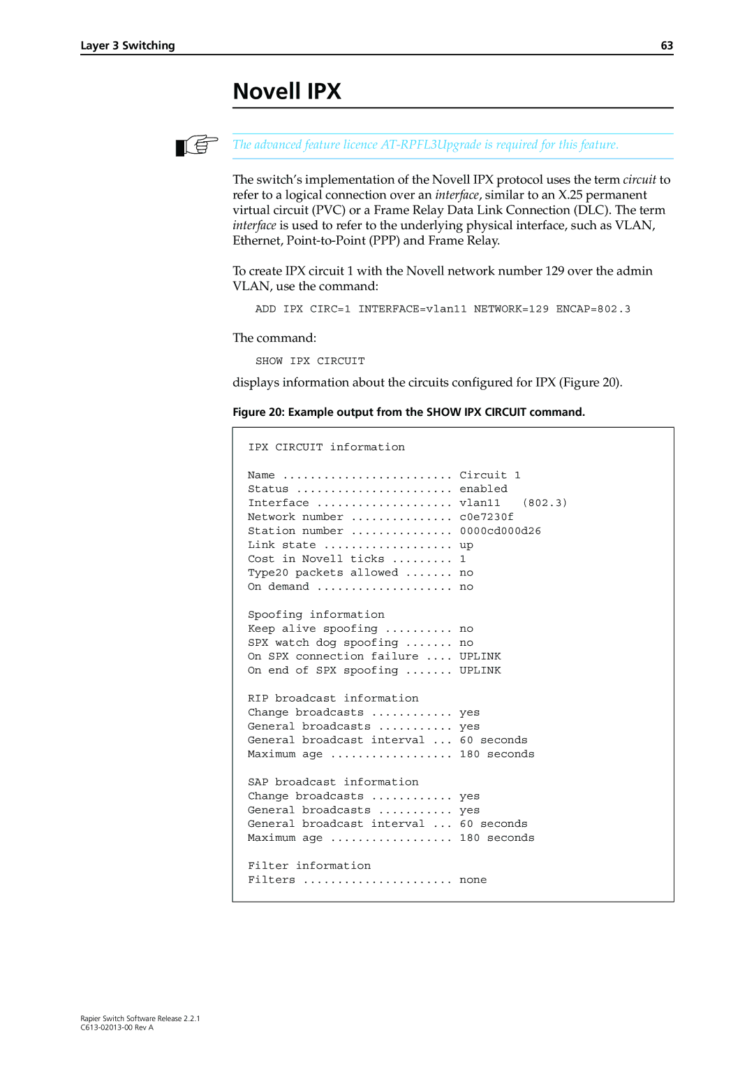 Allied Telesis C613-02013-00 manual Novell IPX, Show IPX Circuit, Uplink 