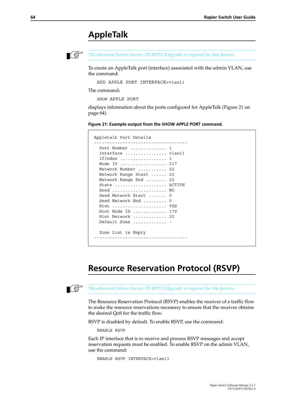 Allied Telesis C613-02013-00 manual AppleTalk, Resource Reservation Protocol Rsvp, Active, Enable Rsvp 