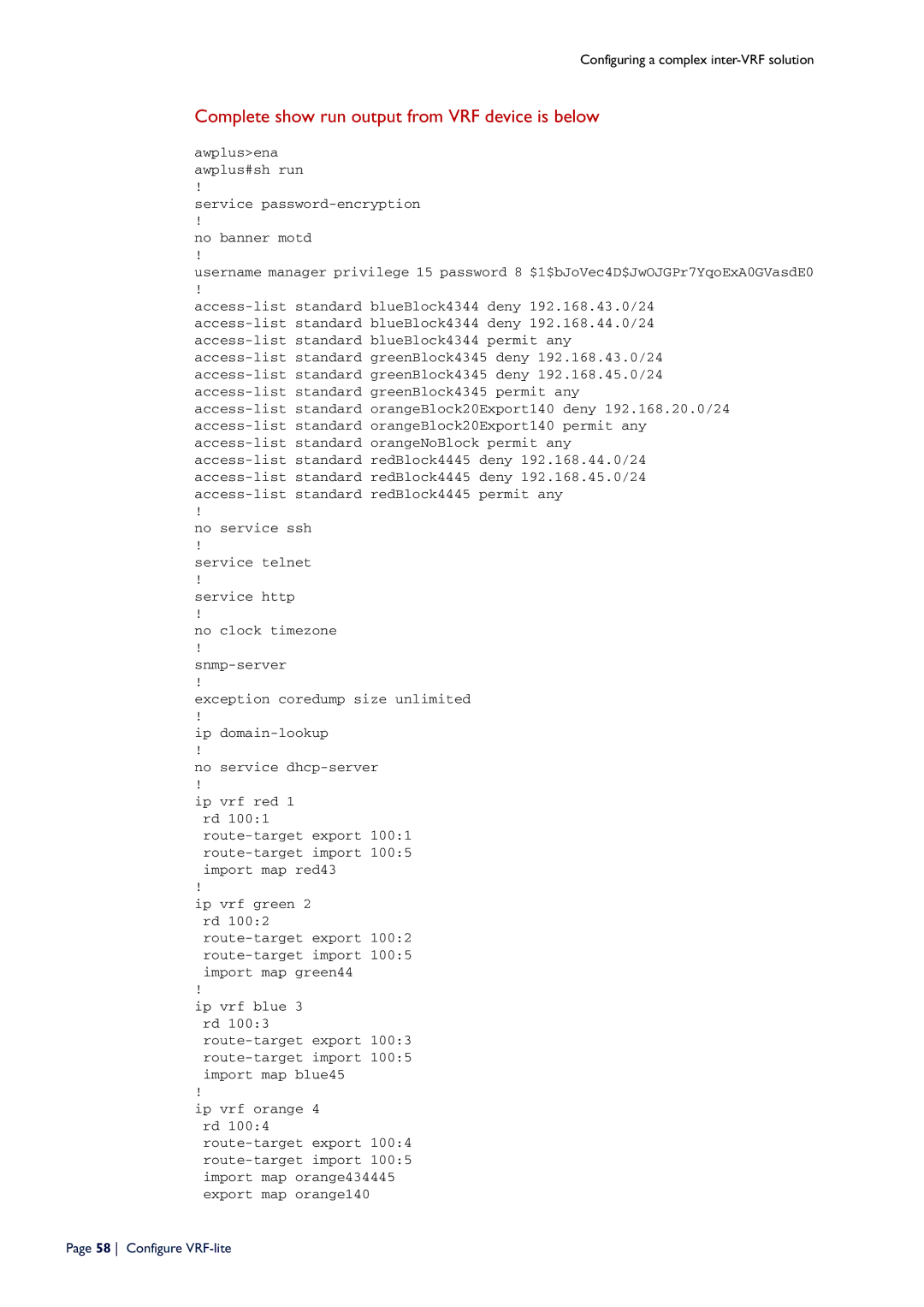 Allied Telesis C613-16164-00 REV E manual Complete show run output from VRF device is below 