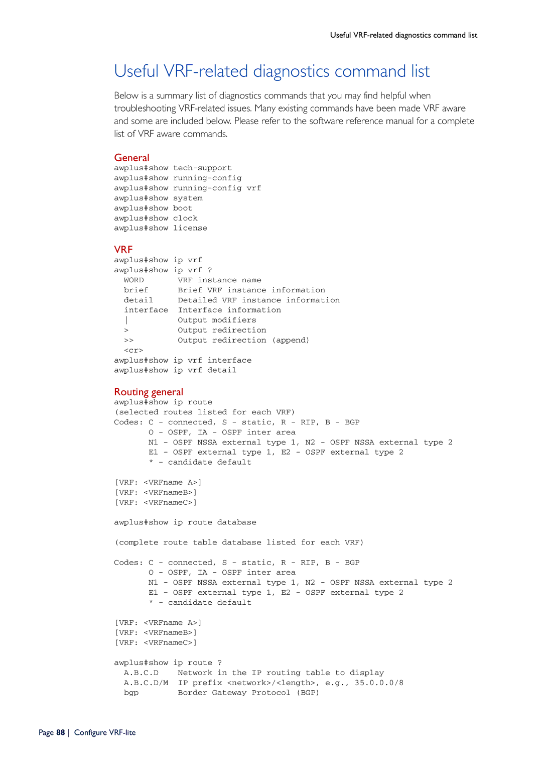 Allied Telesis C613-16164-00 REV E manual Useful VRF-related diagnostics command list, General, Routing general 