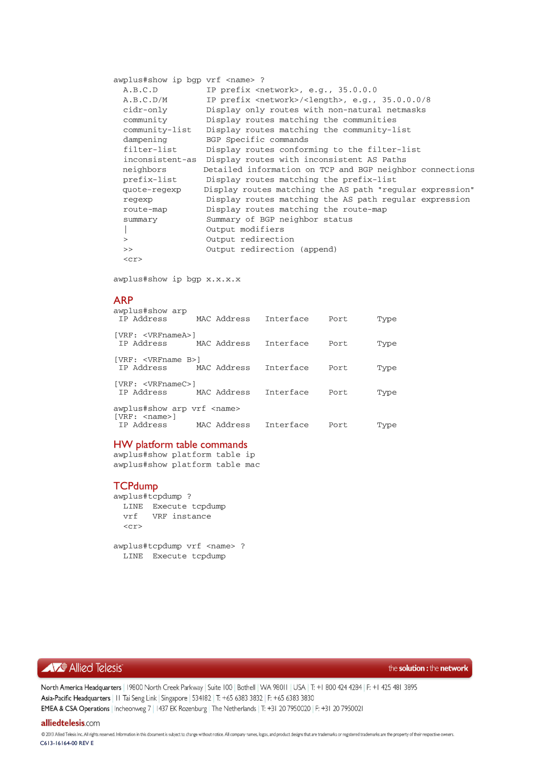 Allied Telesis C613-16164-00 REV E manual HW platform table commands, TCPdump 