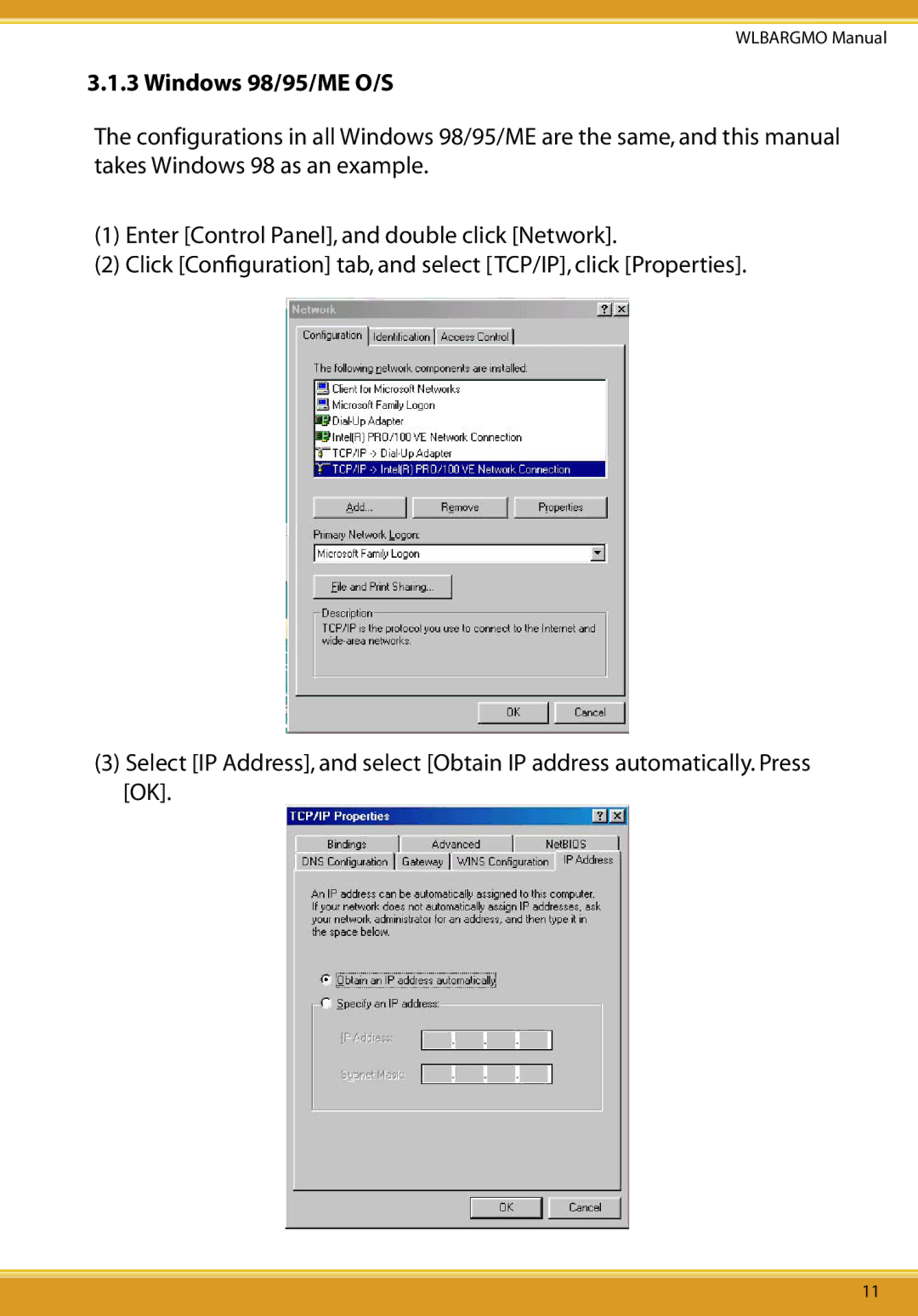 Allied Telesis CG-WLBARGMO user manual Windows 98/95/ME O/S 