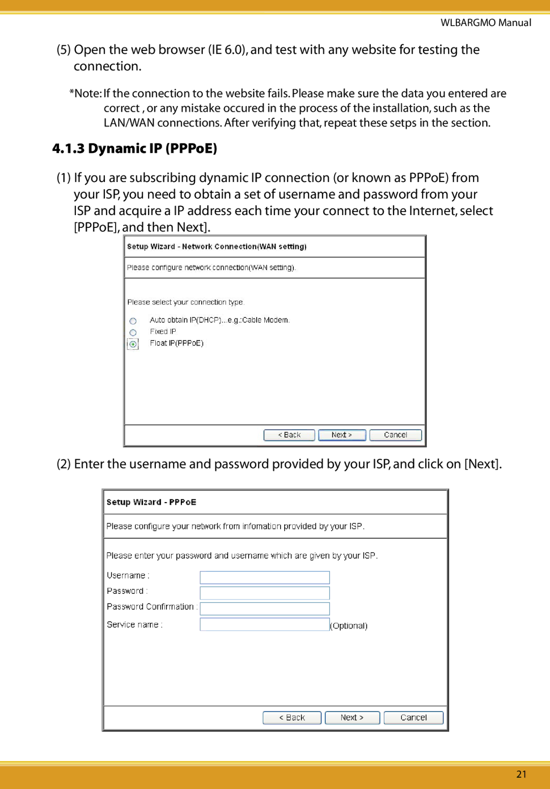 Allied Telesis CG-WLBARGMO user manual Dynamic IP PPPoE 