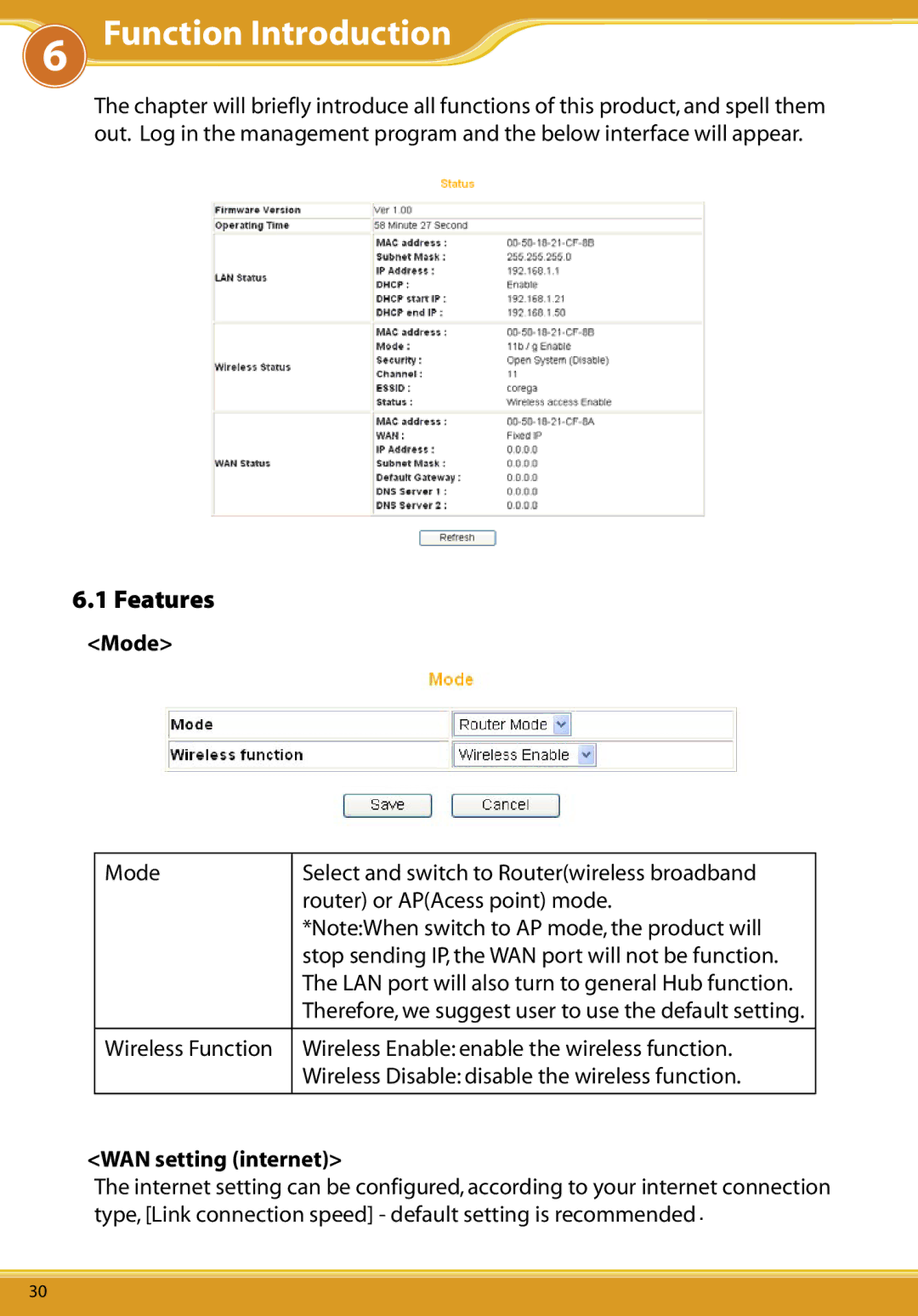 Allied Telesis CG-WLBARGMO user manual WLBARGMO6 FunctionMa ual Introduction, Features, Mode, WAN setting internet 