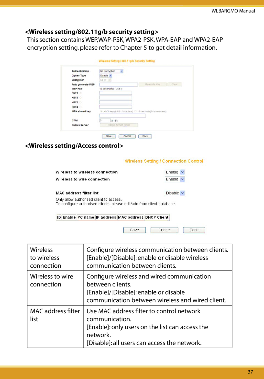 Allied Telesis CG-WLBARGMO user manual Wireless setting/802.11g/b security setting, Wireless setting/Access control 