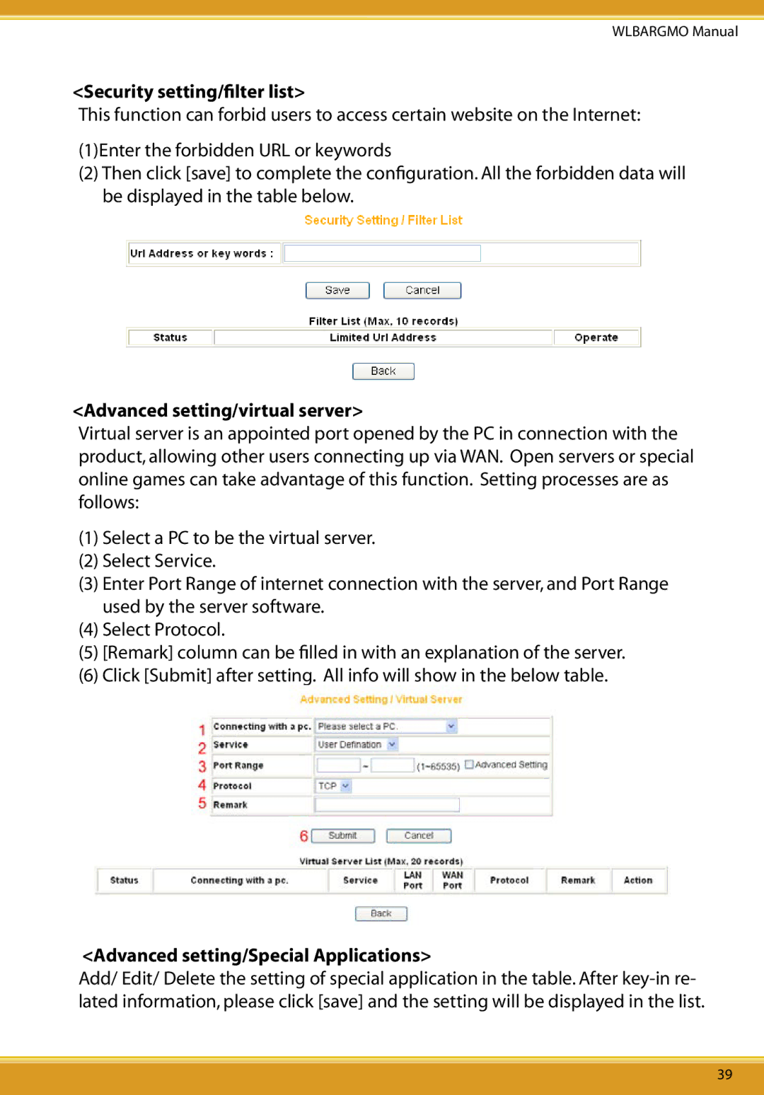 Allied Telesis CG-WLBARGMO user manual Security setting/ﬁlter list, Advanced setting/virtual server 