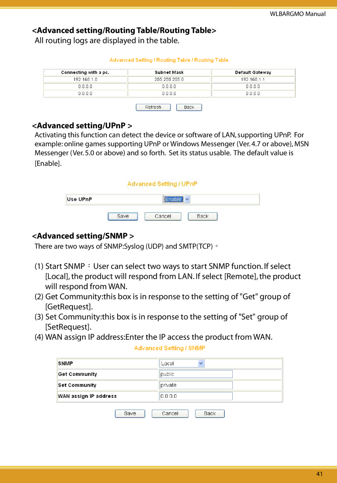 Allied Telesis CG-WLBARGMO Advanced setting/Routing Table/Routing Table, Advanced setting/UPnP, Advanced setting/SNMP 