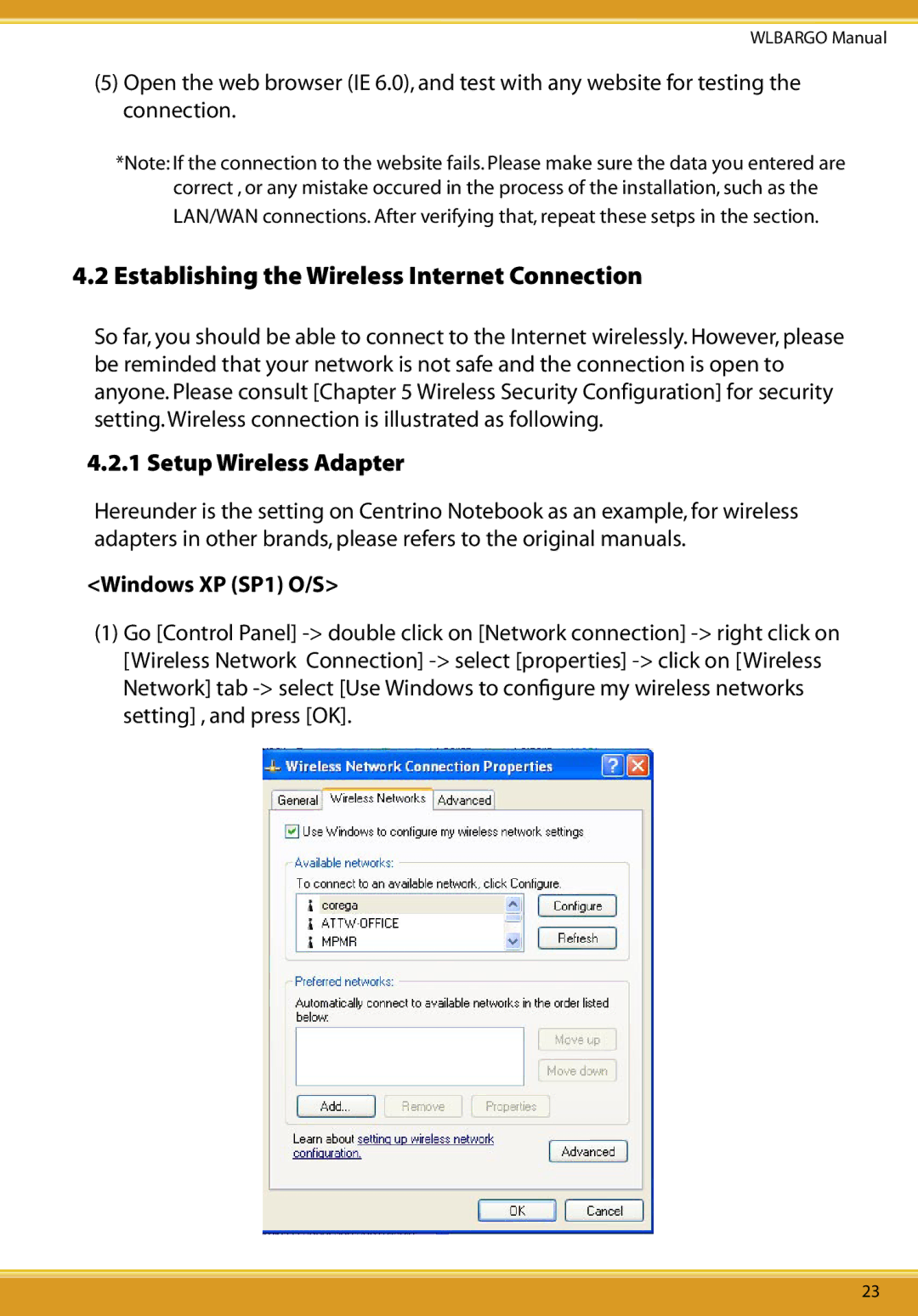 Allied Telesis CG-WLBARGO Establishing the Wireless Internet Connection, Setup Wireless Adapter, Windows XP SP1 O/S 