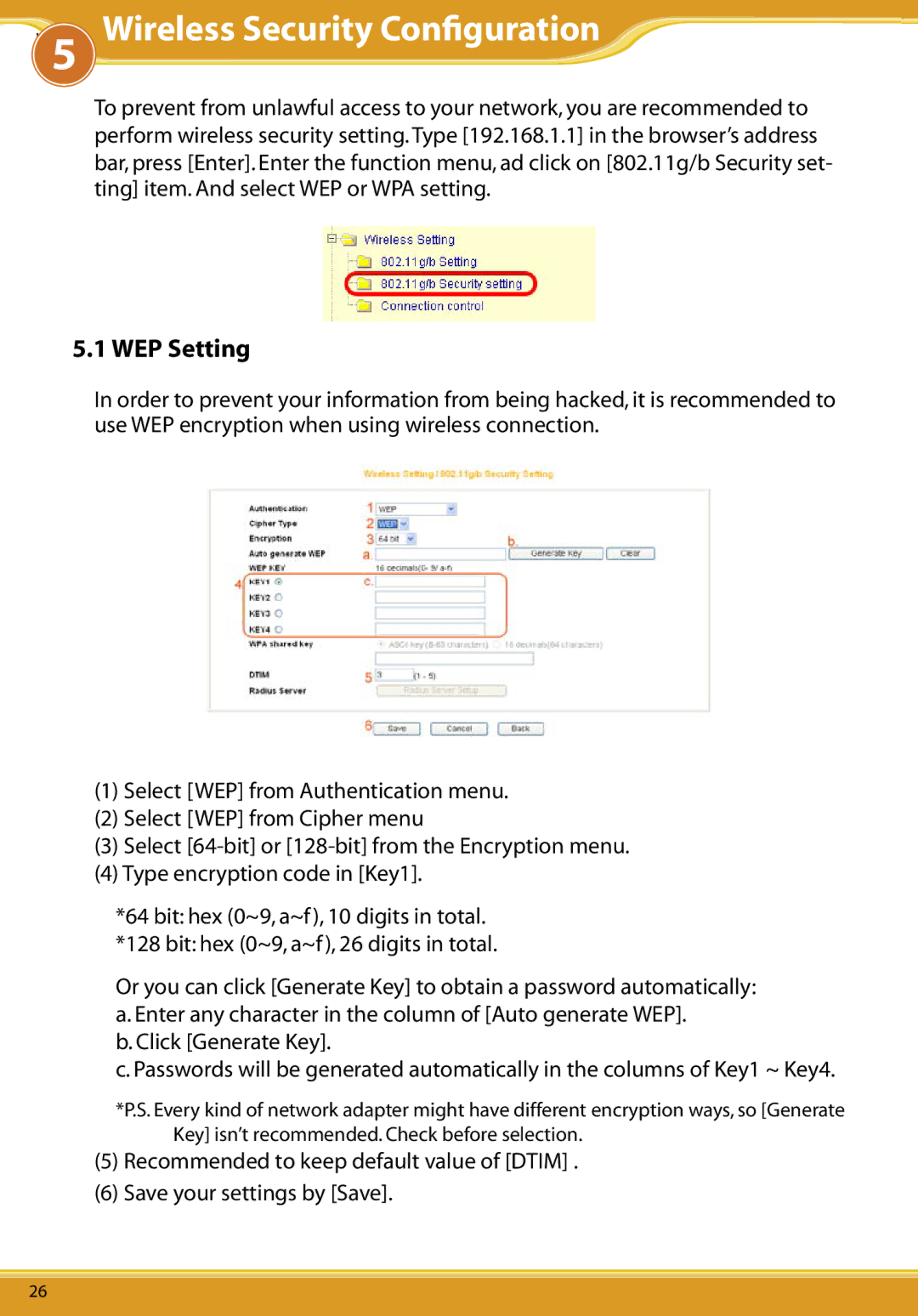 Allied Telesis CG-WLBARGO user manual Wireless Security Conﬁguration, WEP Setting 