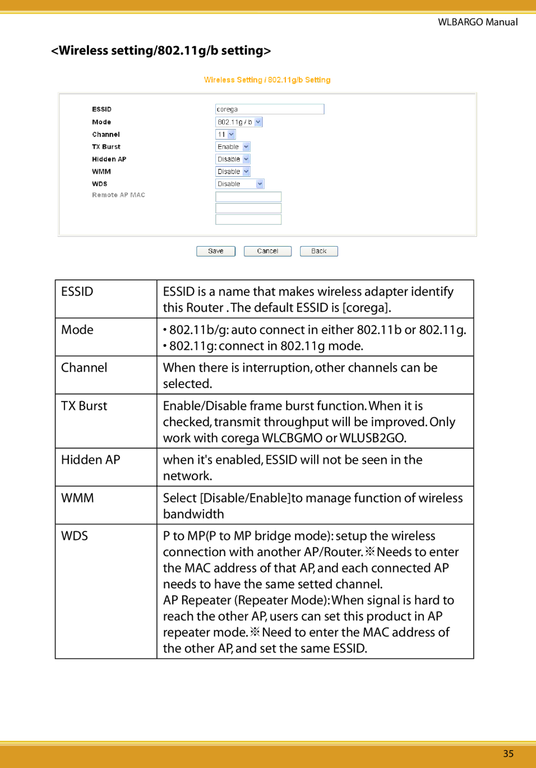 Allied Telesis CG-WLBARGO user manual Wireless setting/802.11g/b setting, Essid 