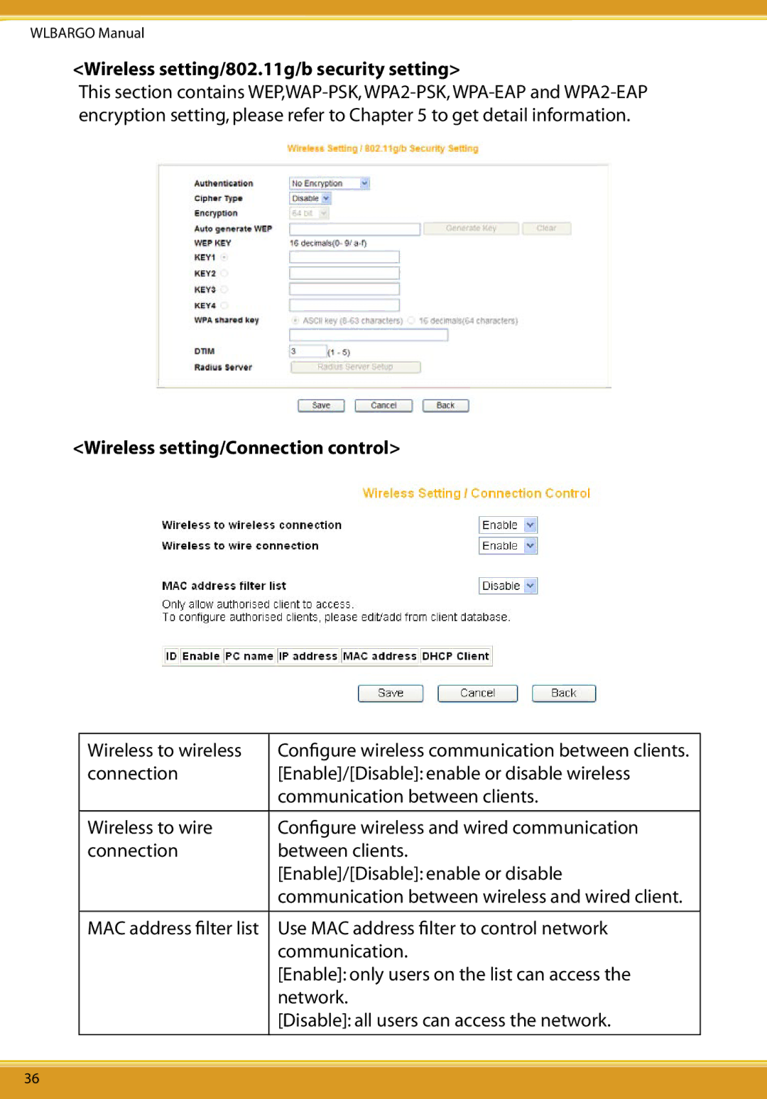 Allied Telesis CG-WLBARGO user manual Wireless setting/802.11g/b security setting, Wireless setting/Connection control 