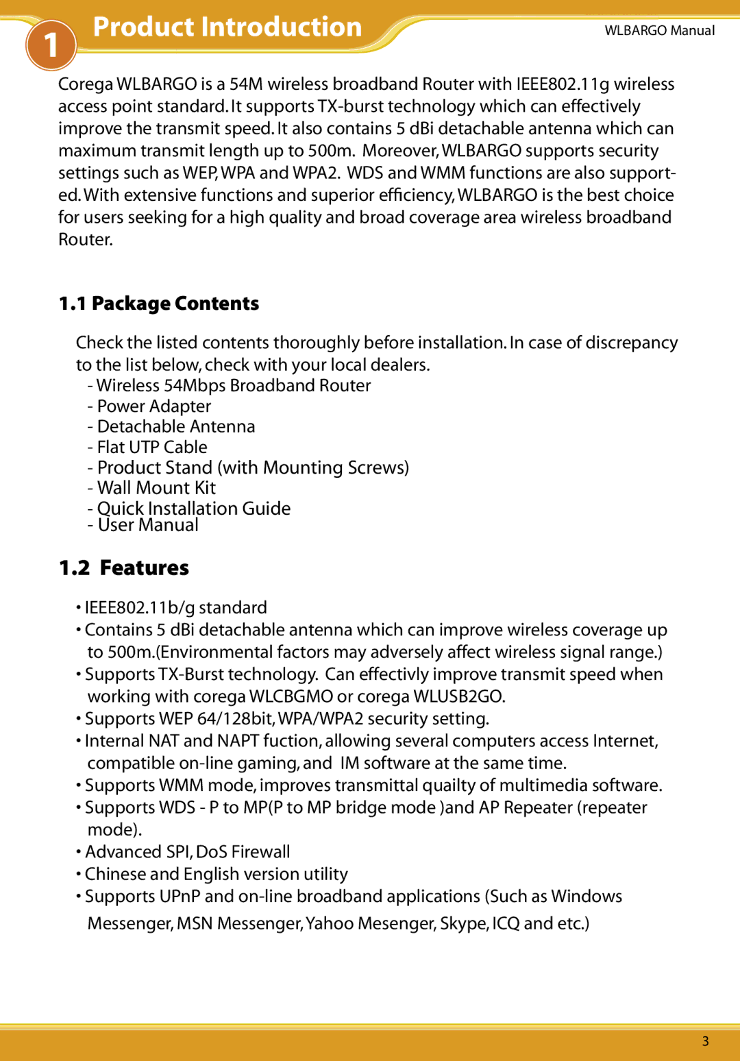 Allied Telesis CG-WLBARGO user manual Product Introduction, Package Contents 