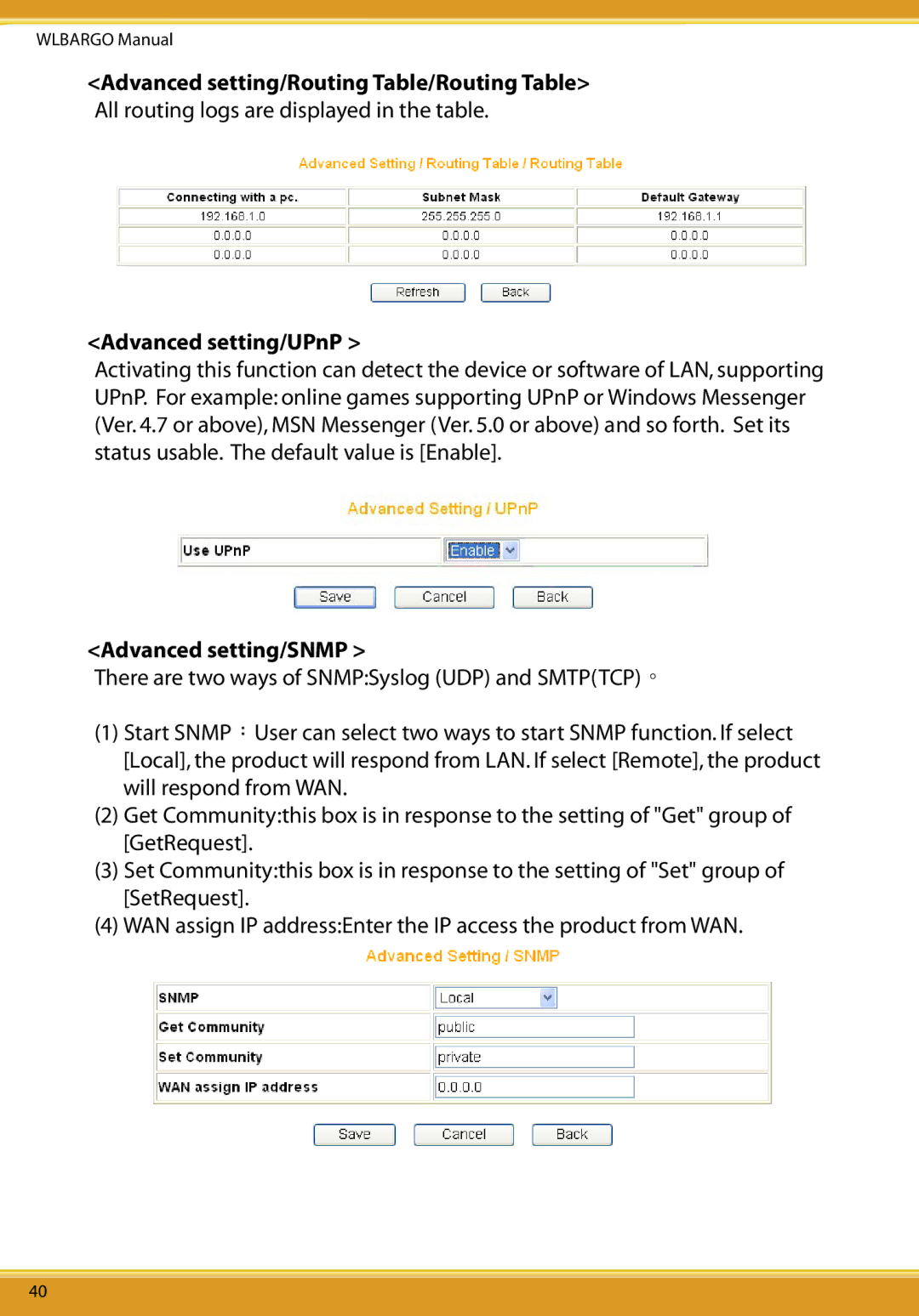 Allied Telesis CG-WLBARGO user manual Advanced setting/UPnP, Advanced setting/SNMP 